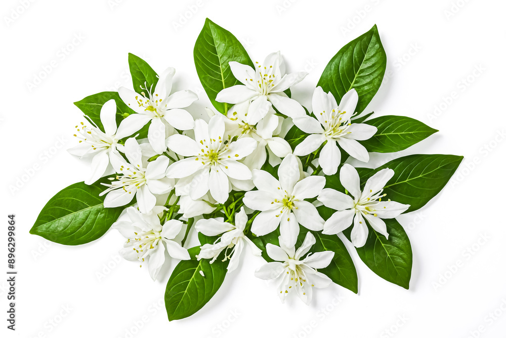 White Flowers with Green Leaves on White Background White Flowers with Green Leaves on White Background