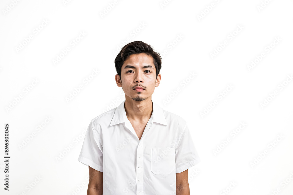 Young Asian Man in White Shirt Looking at Camera Young Asian Man in White Shirt Looking at Camera