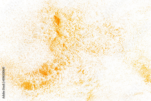 Turmeric powder pile scattered isolated on white background, flying	