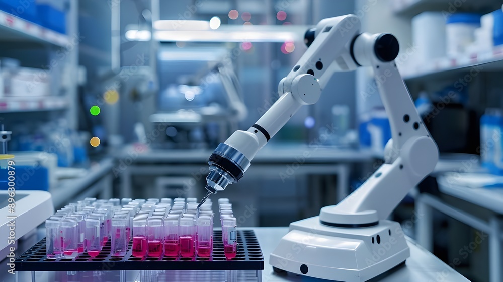 Robotic arm handling test tubes in a high-tech laboratory. Robotic arm handling test tubes in a high-tech laboratory.