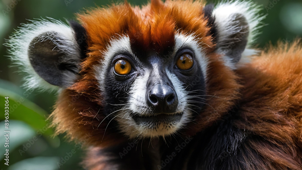 Obraz premium a fiery, vivid coat of fur resembling flames, the Red Ruffed Lemur stands out as the vibrant focal point of the scene.