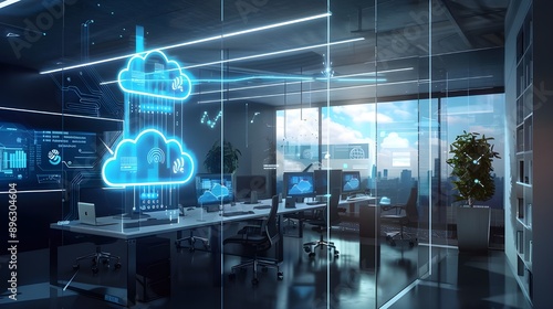  Modern office with holographic cloud computing icons, representing digital technology and connectivity.