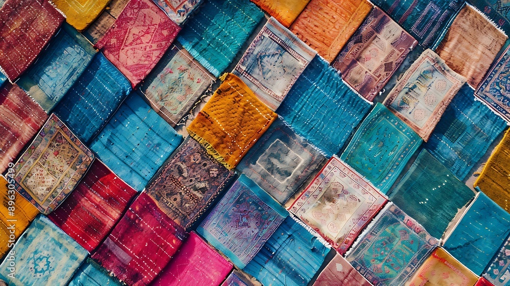 Aerial view of colourful carpets under sunlight for accelerated ageing Aerial view of colourful carpets under sunlight for accelerated ageing