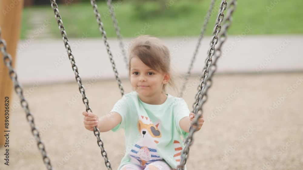 Little girl is riding on a swing. Child is playing on the playground. Little girl is riding on a swing. Child is playing on the playground.