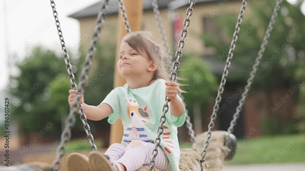 Little girl is riding on a swing. Child is playing on the playground. Little girl is riding on a swing. Child is playing on the playground.