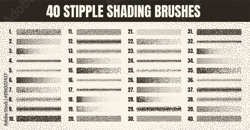 Stipple scatter brush, ink drawing and texturing. Fading gradient. Stippling, dotwork drawing, shading using dots. Halftone disintegration effect. White noise grainy texture. Vector illustration