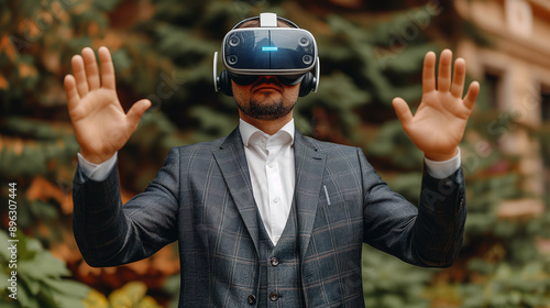 Businessman Experiencing Virtual Reality Outdoors
