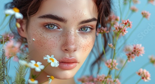 Woman With Blue Eyes Posing Near White Flowers