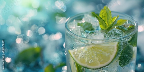 Beverage with fresh lime slices and mint leaves on ice cubes