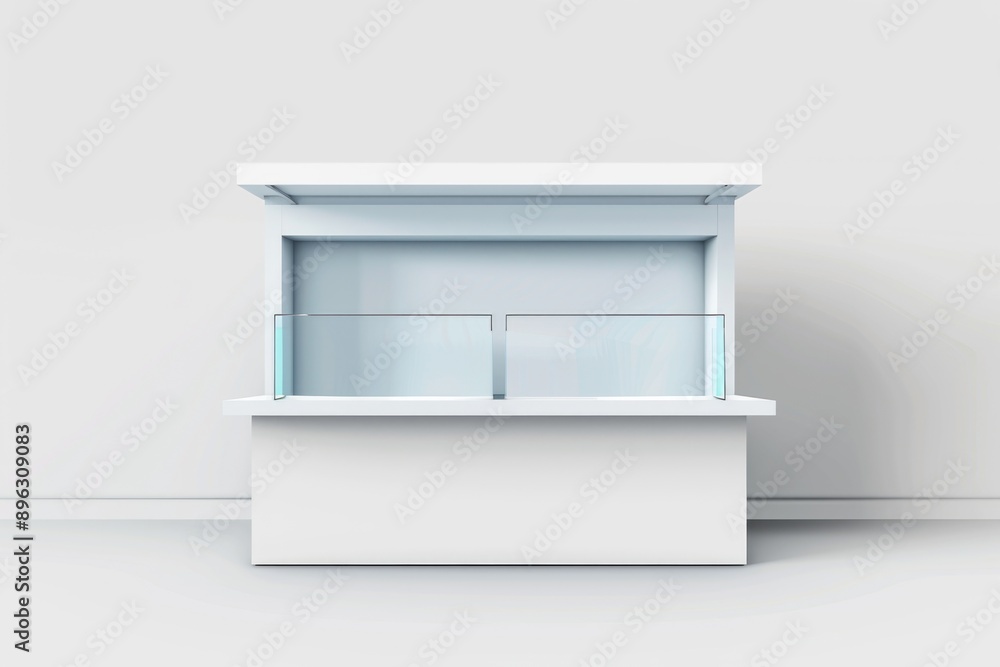 High-tech, sleek white counter with transparent display for user interaction. Ideal for customer service or modern office spaces. High-tech, sleek white counter with transparent display for user interaction. Ideal for customer service or modern office spaces.