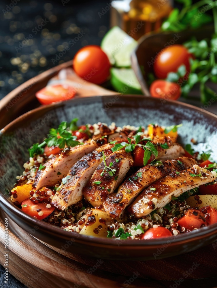 Close-up of a plate with tender grilled chicken pieces topped with spices, served over rice and vegetables. This dish offers a burst of flavor and texture, perfect for a hearty meal. Close-up of a plate with tender grilled chicken pieces topped with spices, served over rice and vegetables. This dish offers a burst of flavor and texture, perfect for a hearty meal.
