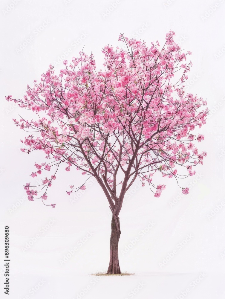 A single pink cherry blossom tree with lush, blooming branches against a light background. A single pink cherry blossom tree with lush, blooming branches against a light background.