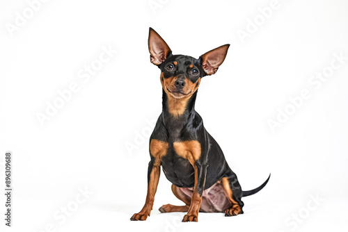 Adorable Miniature Pinscher Sitting on White Background photo