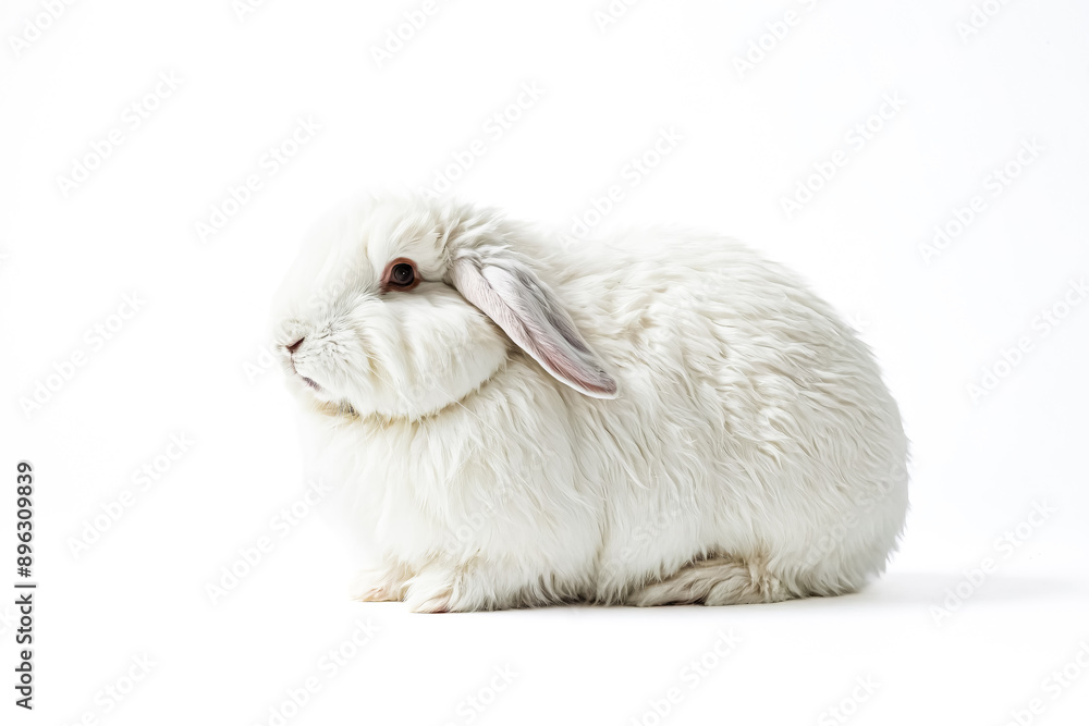 White rabbit with long fur sitting on white background White rabbit with long fur sitting on white background
