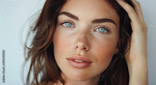 Close-Up Portrait of Woman With Freckles and Blue Eyes