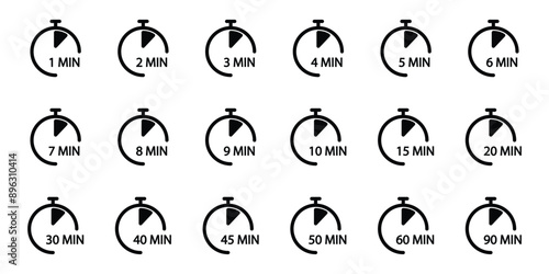 Timer,  stopwatch, clock isolated set icons with different time. Countdown timer symbol icon set. cooking time symbols.
