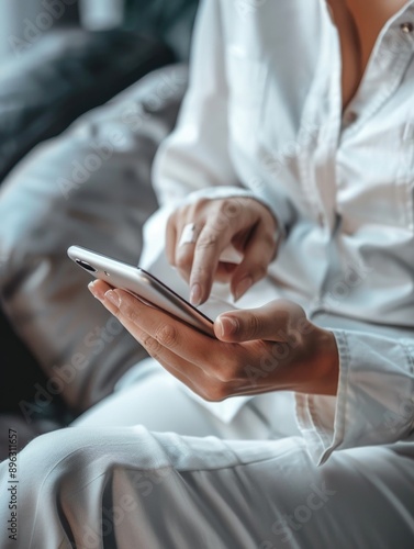 Woman's hand resting on thigh while using phone.