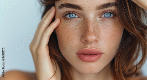 Close-Up Portrait of Woman With Freckles and Blue Eyes