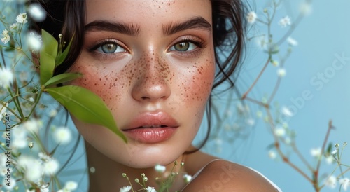Woman With Blue Eyes Posing Near White Flowers