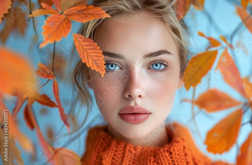 Woman With Blue Eyes and Fall Foliage