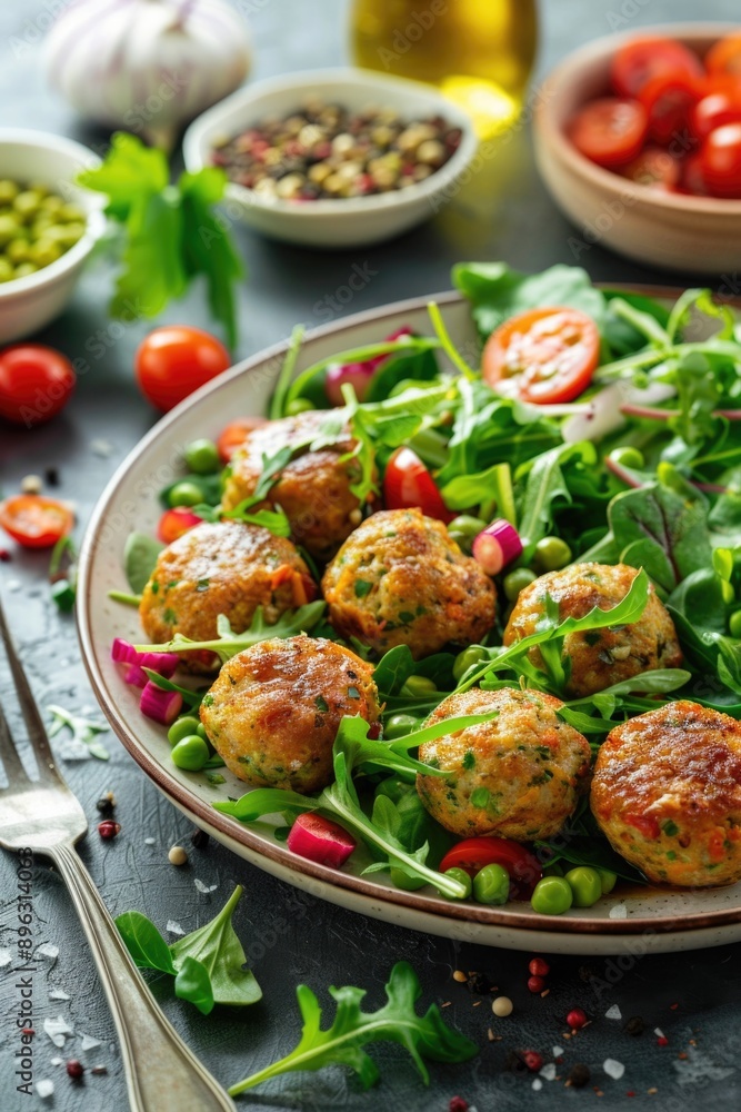 A plate of meatballs on a bed of fresh, vibrant salad greens. A plate of meatballs on a bed of fresh, vibrant salad greens.