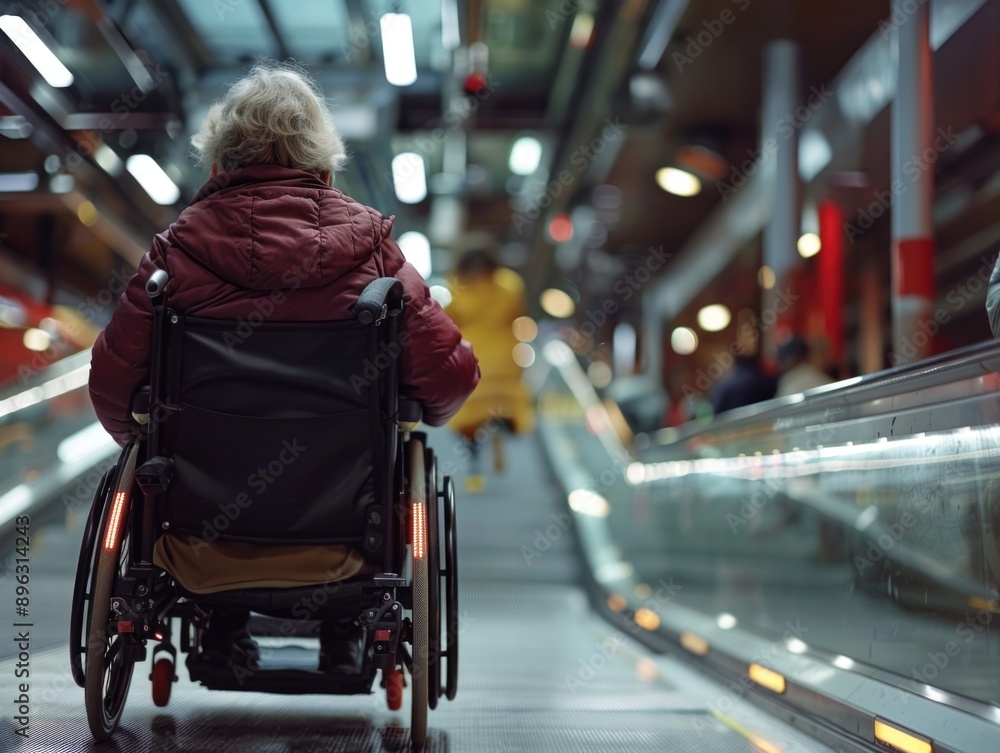 Senior using wheelchair in transit, escalator background, mobility aids for accessibility