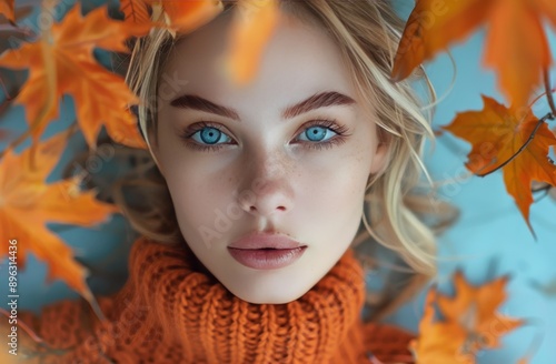 Woman With Blue Eyes and Fall Foliage