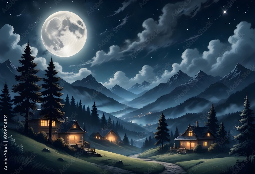Fototapeta premium A mystical landscape with a full moon in the night sky, surrounded by swirling clouds and mountains in the background. In the foreground, there are silhouettes of trees and houses against the starry s