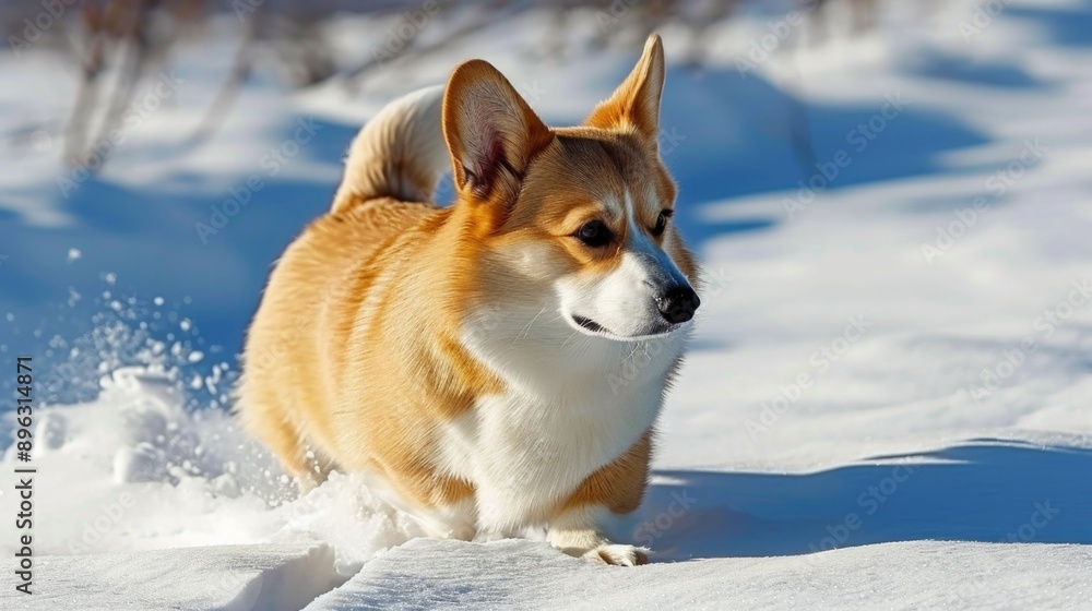 Cute brown and white dog running through snow. Happy corgi enjoying winter activity. Cute brown and white dog running through snow. Happy corgi enjoying winter activity.