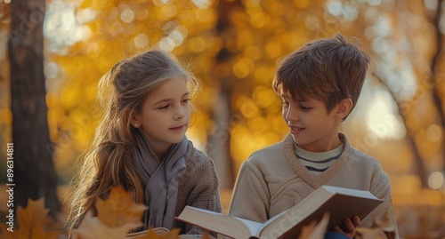 Children Reading in Autumn Leaves