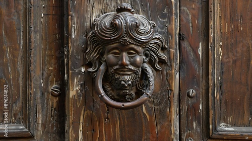 Ancient carved door knocker on wooden door