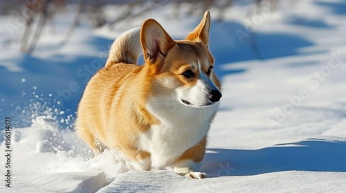 Cute brown and white dog running through snow. Happy corgi enjoying winter activity.