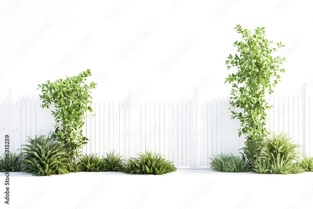 White picket fence with green bushes White picket fence with green bushes