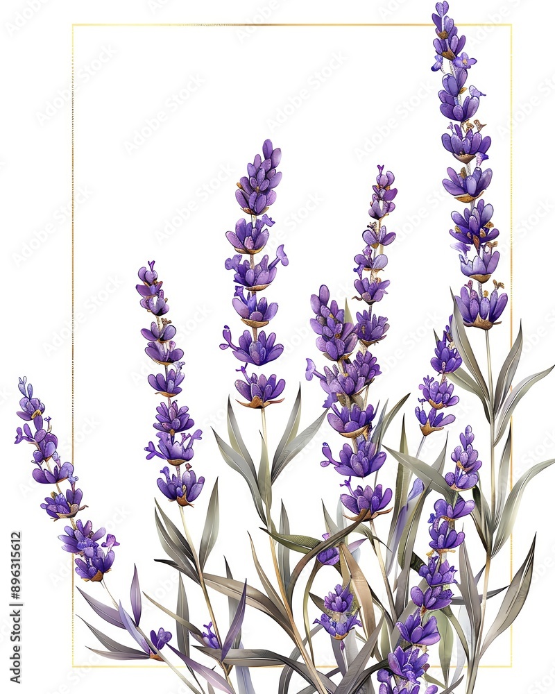 Fototapeta premium Beautiful watercolor illustration of lavender flowers with a minimalist frame. Perfect for botanical prints and nature-themed designs.