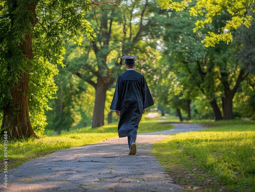 Fototapeta premium A graduating student walking in academic regalia, celebrating the completion of their educational journey.