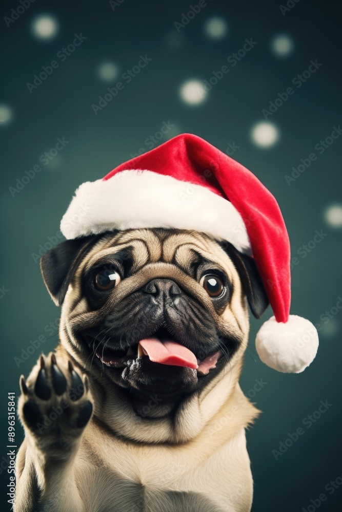 A cute pug wearing a Santa hat, celebrating the holiday season. A cute pug wearing a Santa hat, celebrating the holiday season.