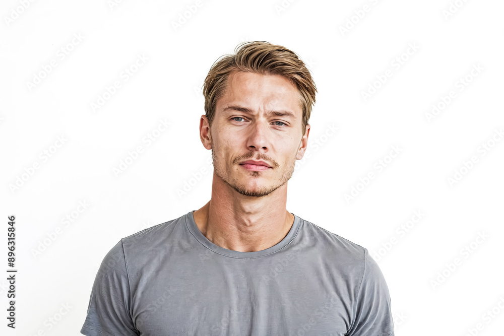 Portrait of a Handsome Man with Blonde Hair and a Grey T-Shirt Portrait of a Handsome Man with Blonde Hair and a Grey T-Shirt