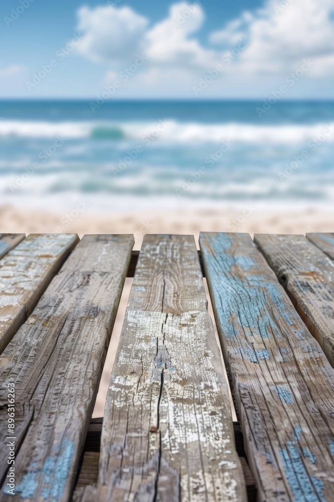 The image depicts a rustic wooden boardwalk at the beachfront, leading from the sandy shore towards the ocean. The image depicts a rustic wooden boardwalk at the beachfront, leading from the sandy shore towards the ocean.