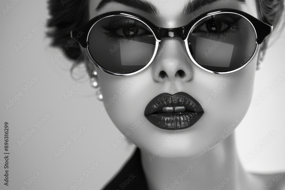 Woman model with trendy makeup and sunglasses, showcasing fashion and beauty.