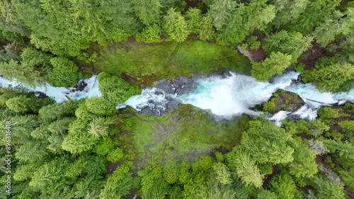 Aerial Tracking Shot of McKenzie River and Sahalie Falls in Oregon photo