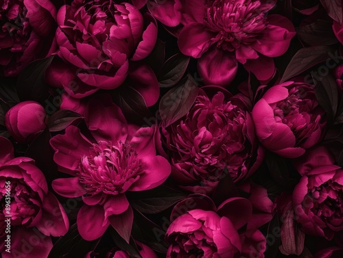 Fototapeta Naklejka Na Ścianę i Meble -  A beautiful close-up of a bundle of pink peonies with dark green leaves, making an elegant and vivid floral pattern.