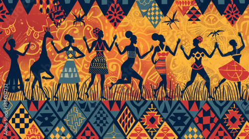 Celebrate African heritage with unique tribal patterns. Discover vibrant illustrations of giraffes and dancers, perfect for posters, social media, or wall art. photo