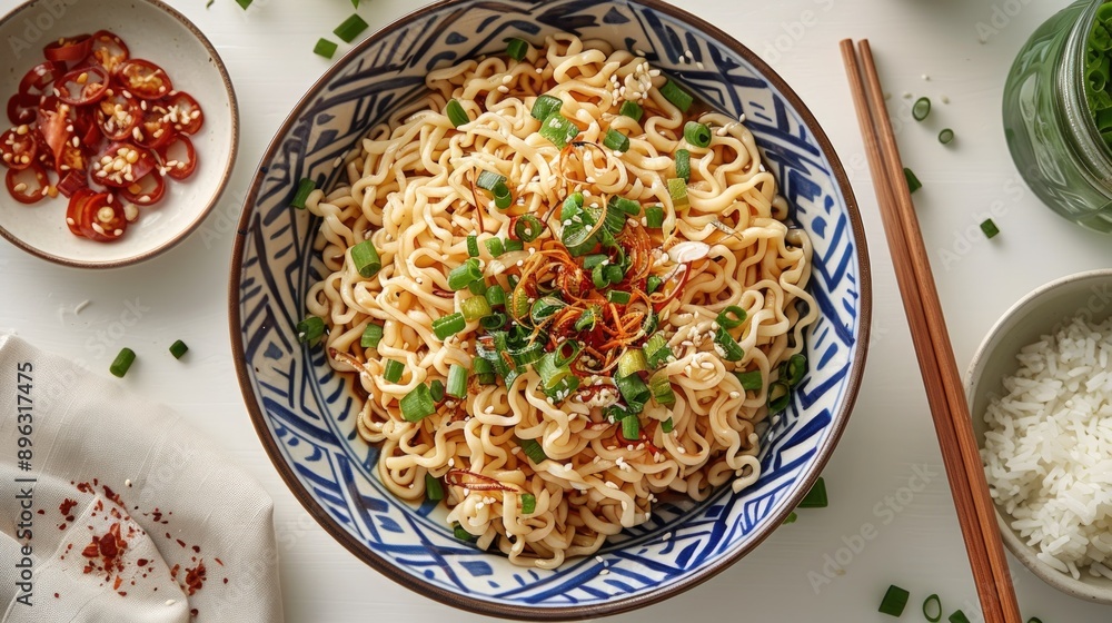A top-down view of noodles on the table, with one pair of chopsticks beside them and rice in another plate. A top-down view of noodles on the table, with one pair of chopsticks beside them and rice in another plate.