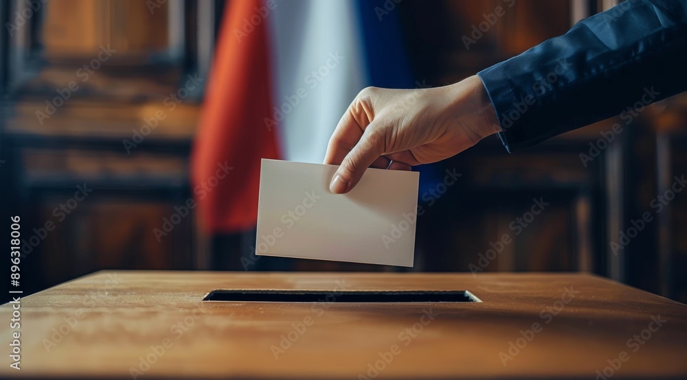 Person Casting Ballot in Front of French Flag Person Casting Ballot in Front of French Flag