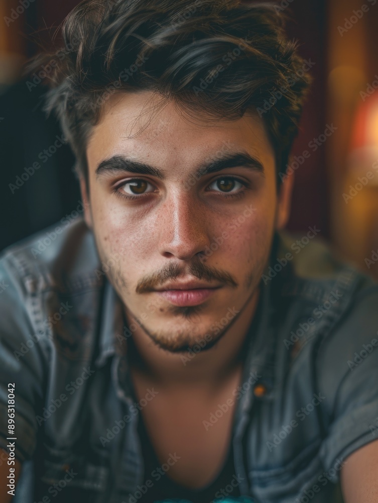 Guy with short beard, looking serious. Casual attire with denim jacket and jeans. Guy with short beard, looking serious. Casual attire with denim jacket and jeans.