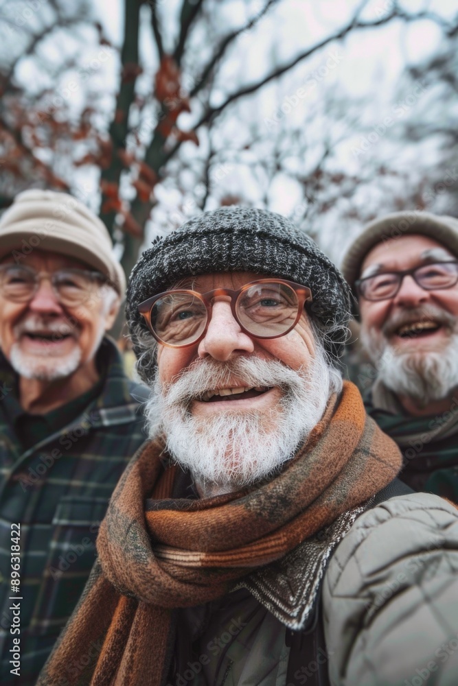 Older men laughing together in cold weather. Friendly and social interaction among seniors. Older men laughing together in cold weather. Friendly and social interaction among seniors.