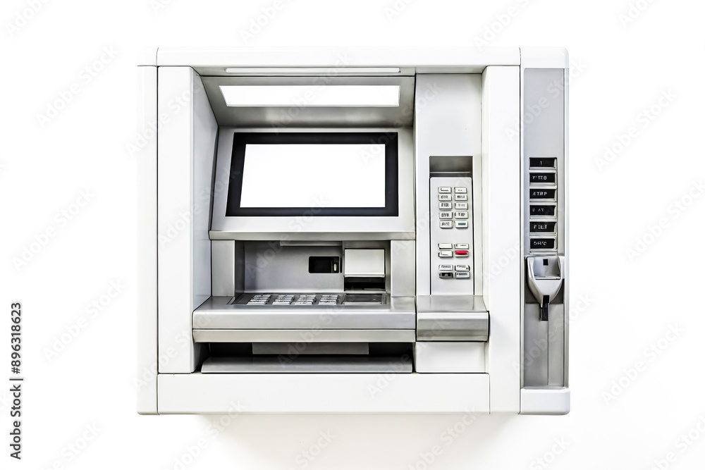Modern ATM Machine with Blank Screen Isolated on White Background Modern ATM Machine with Blank Screen Isolated on White Background
