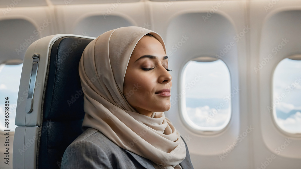 Muslim business woman wearing hijab is sleeping on plane during flight. Elegant woman taking a nap in business class, window seat Muslim business woman wearing hijab is sleeping on plane during flight. Elegant woman taking a nap in business class, window seat