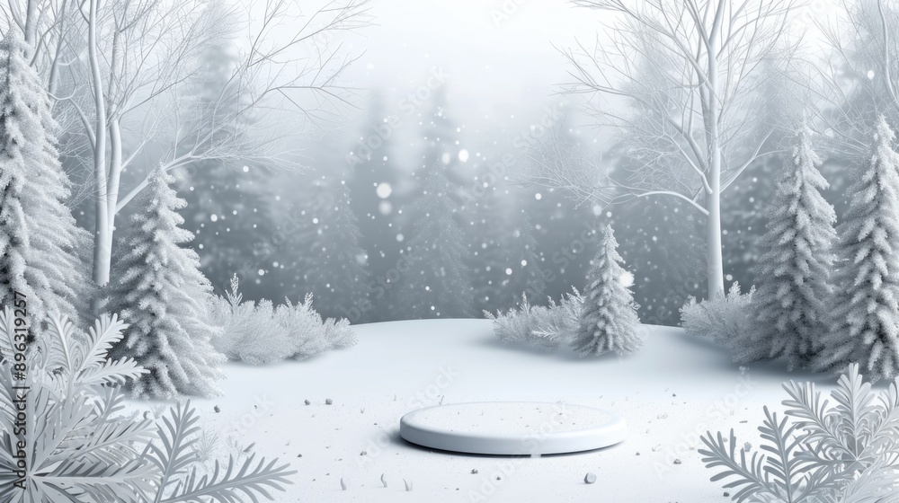 Fototapeta premium Snowy landscape with forest and pathway. Winter season festive atmosphere.