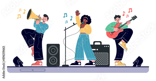 Vector illustration of a trio of musicians performing on stage. Features a singer, guitarist, and trumpeter with vibrant colors and dynamic poses, capturing the lively energy of a live music concert.